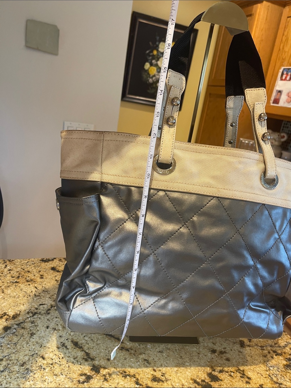 CHANEL Quilted Leather and Canvas Tote - dark gray and Cream - Picture 13 of 14